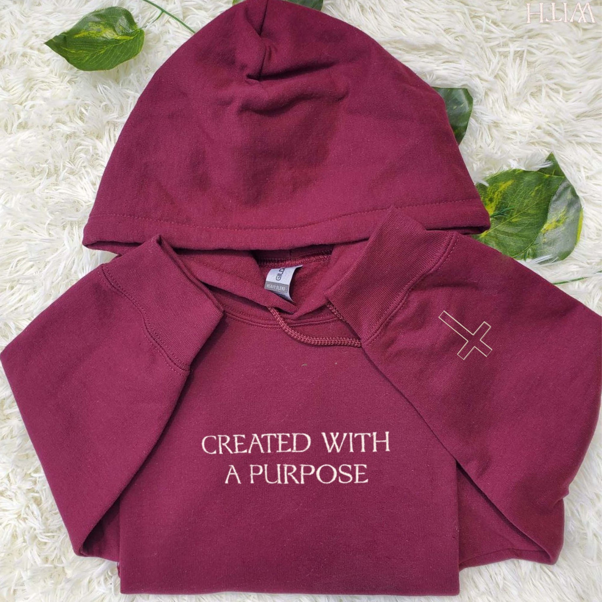 Created With A Purpose Embroidered Sweatshirt, Christian Hoodie Gift with Custom Cross on Sleeve