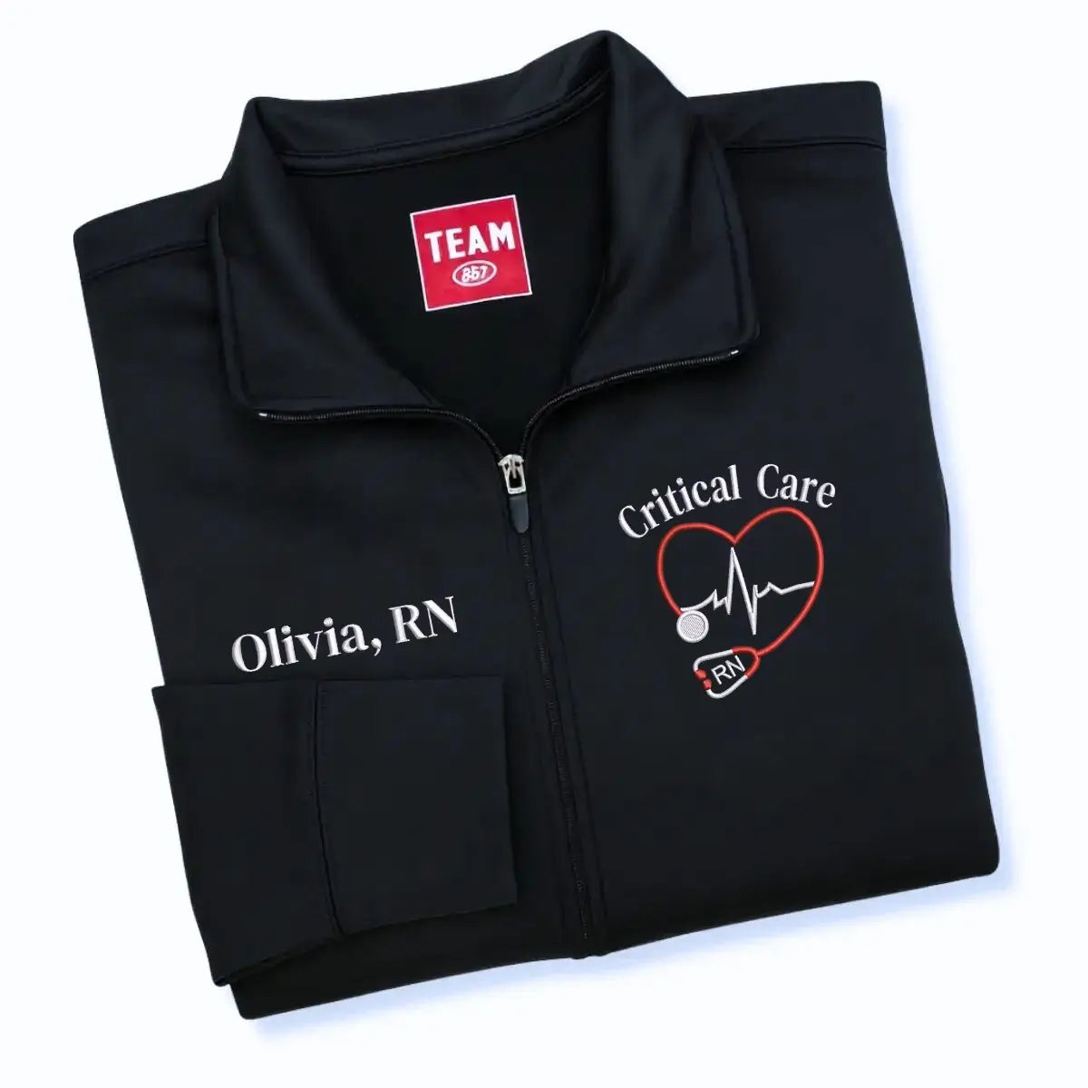 Custom embroidered critical care nurse jacket with name – personalized ICU gift for registered nurses and CCRNs