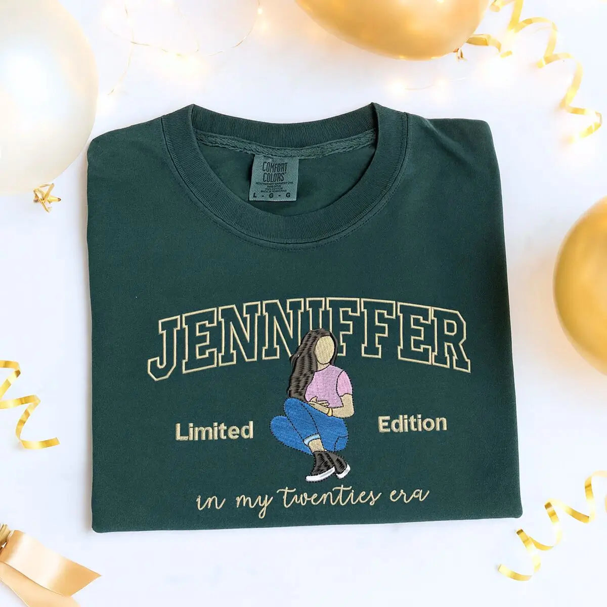 Custom embroidered shirt with photo portrait and sleeve text for 20th birthday gift