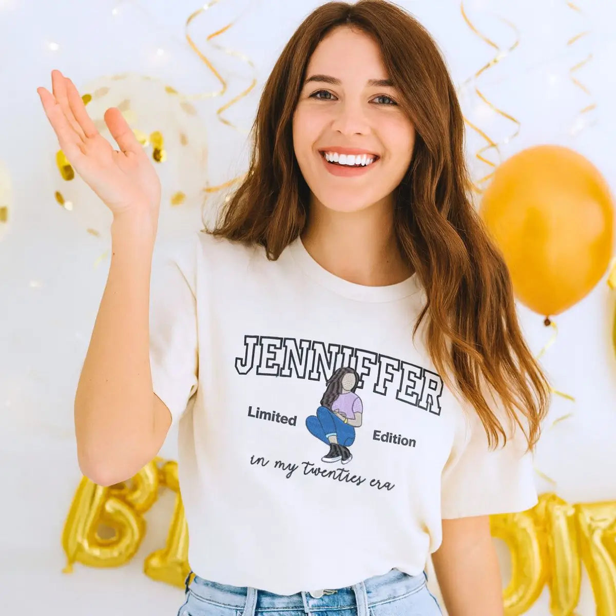 Custom embroidered shirt with photo portrait and sleeve text for 20th birthday gift