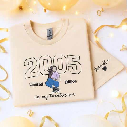 Custom embroidered shirt with photo portrait and sleeve text for 20th birthday gift