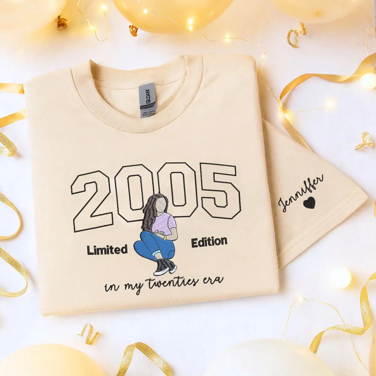 Custom embroidered shirt with photo portrait and sleeve text for 20th birthday gift