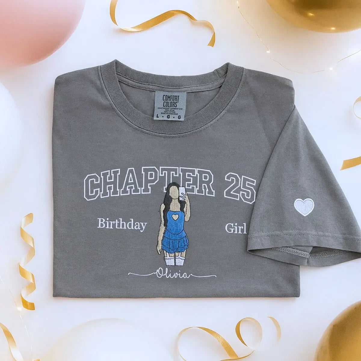 Custom embroidered shirt with photo portrait and personalized sleeve text for 25th birthday gift