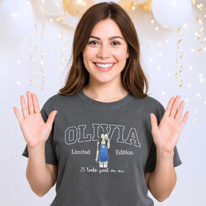 Custom embroidered shirt with photo portrait and personalized sleeve text for 25th birthday gift