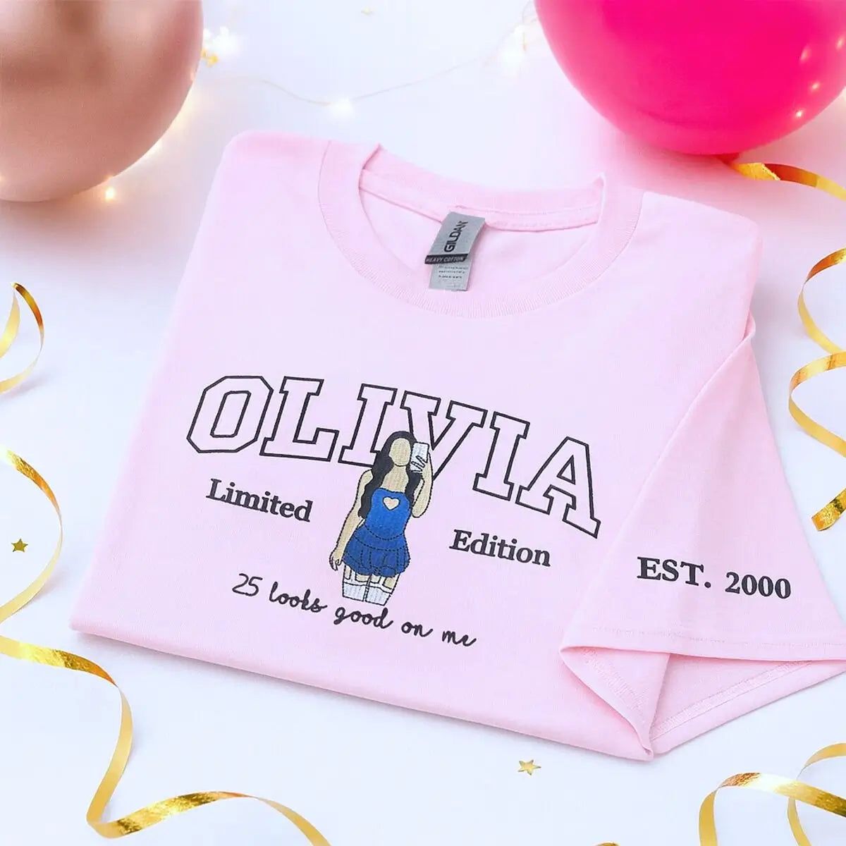 Custom embroidered shirt with photo portrait and personalized sleeve text for 25th birthday gift