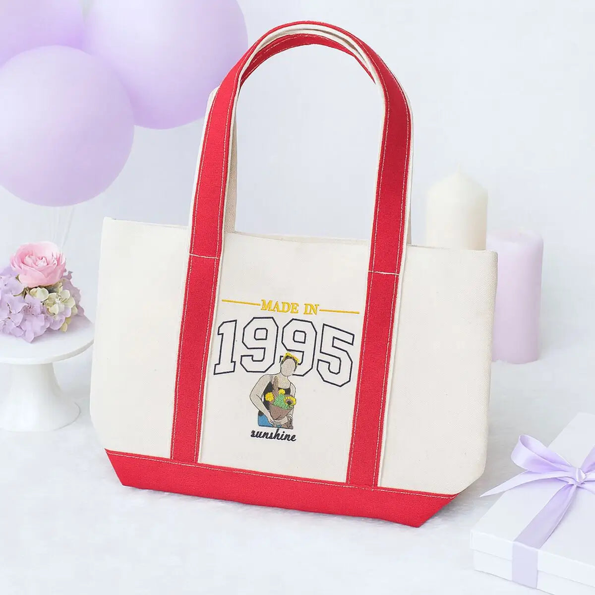 Custom embroidered photo tote bag gift for 30th birthday woman – canvas bag with portrait