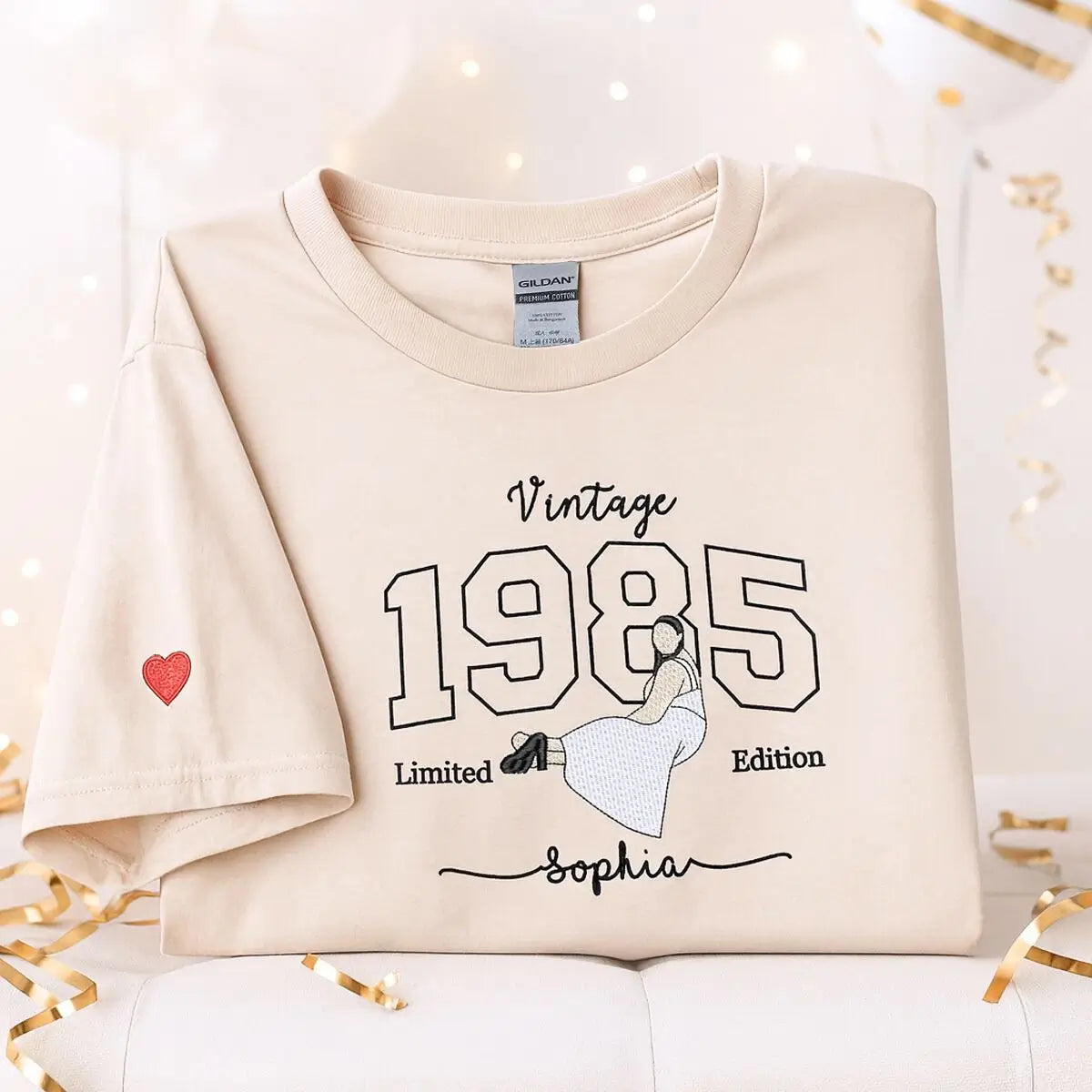 Embroidered 40th birthday shirt with custom photo portrait and personalized sleeve text, perfect gift for milestone celebration