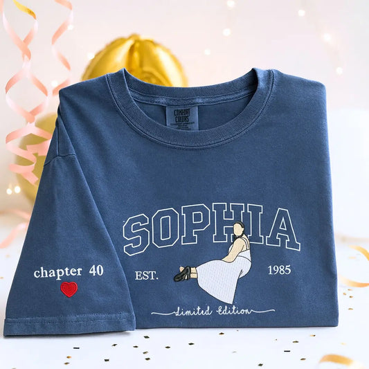 Embroidered 40th birthday shirt with custom photo portrait and personalized sleeve text, perfect gift for milestone celebration