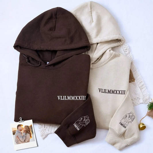 Custom anniversary hoodie for couple with embroidered Roman numeral date and personalized portrait artwork