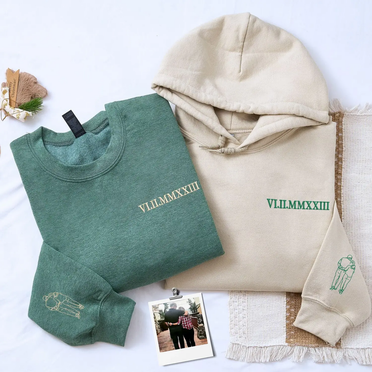 Custom anniversary hoodie for couple with embroidered Roman numeral date and personalized portrait artwork