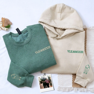 Custom anniversary hoodie for couple with embroidered Roman numeral date and personalized portrait artwork