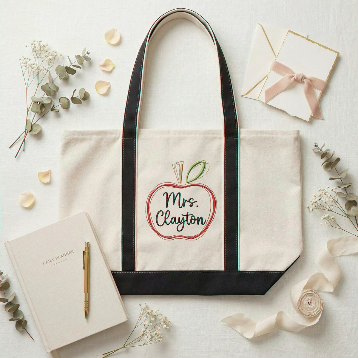 Custom Apple Teacher Tote Bag with Name, Personalized Back-to-School Supplies Bag