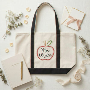 Custom Apple Teacher Tote Bag with Name, Personalized Back-to-School Supplies Bag