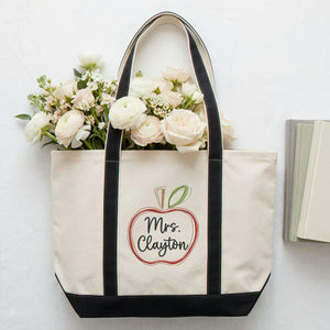 Custom Apple Teacher Tote Bag with Name, Personalized Back-to-School Supplies Bag