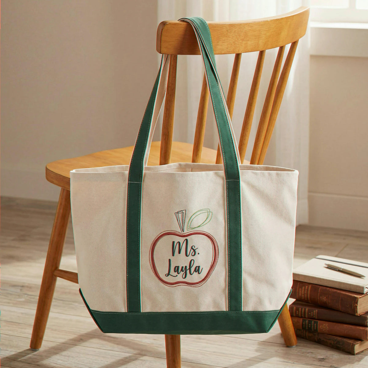 Custom Apple Teacher Tote Bag with Name, Personalized Back-to-School Supplies Bag