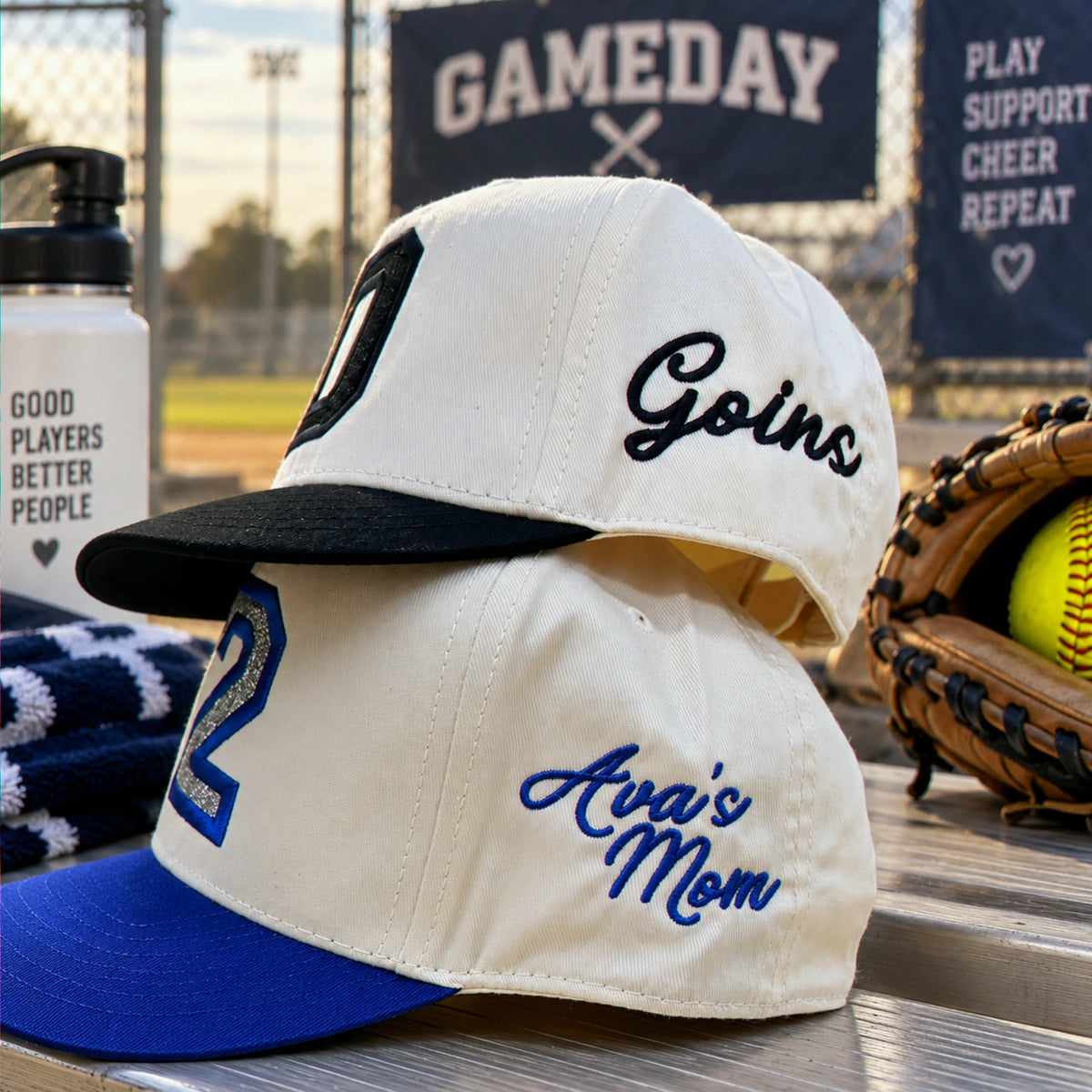 Custom Glitter Player Varsity Sports Number Snapback Hats - Applique Embroidered Your Text, Name, Logo