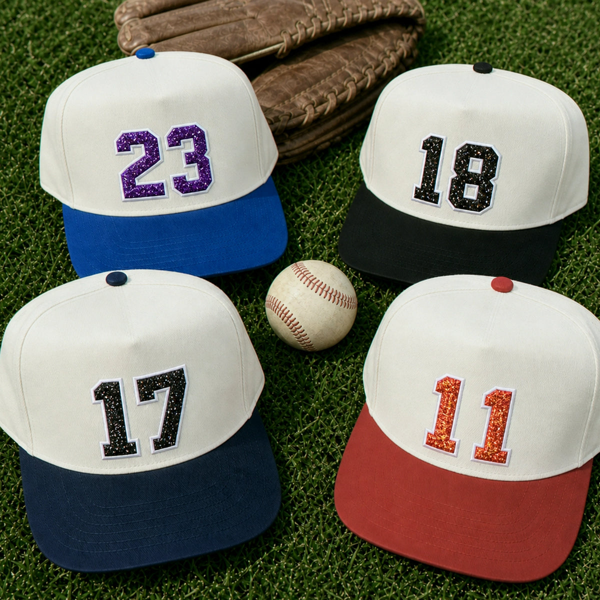Custom Glitter Player Varsity Sports Number Snapback Hats - Applique Embroidered Your Text, Name, Logo