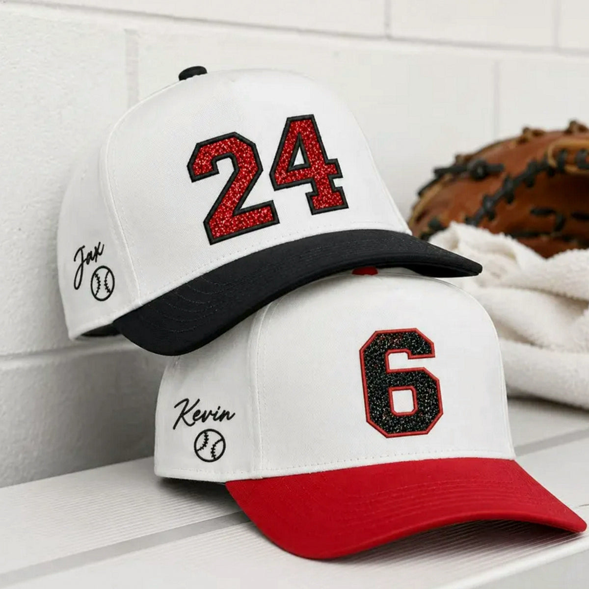 Custom Glitter Player Varsity Sports Number Snapback Hats - Applique Embroidered Your Text, Name, Logo