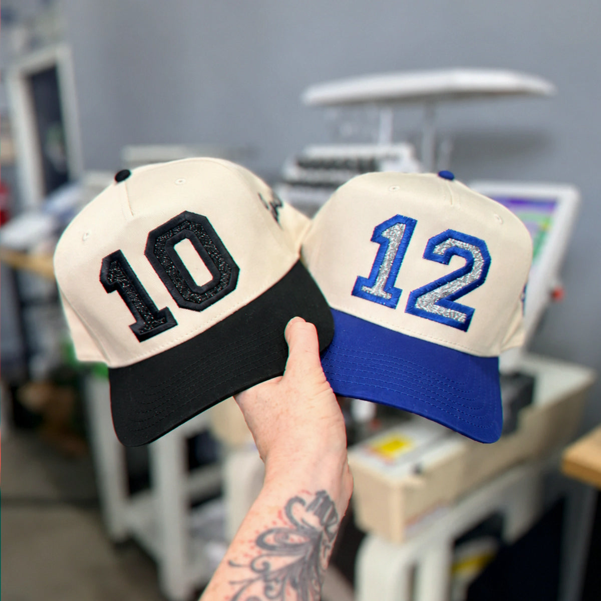 Custom Glitter Player Varsity Sports Number Snapback Hats - Applique Embroidered Your Text, Name, Logo