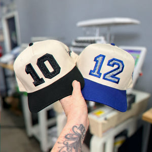 Custom Glitter Player Varsity Sports Number Snapback Hats - Applique Embroidered Your Text, Name, Logo