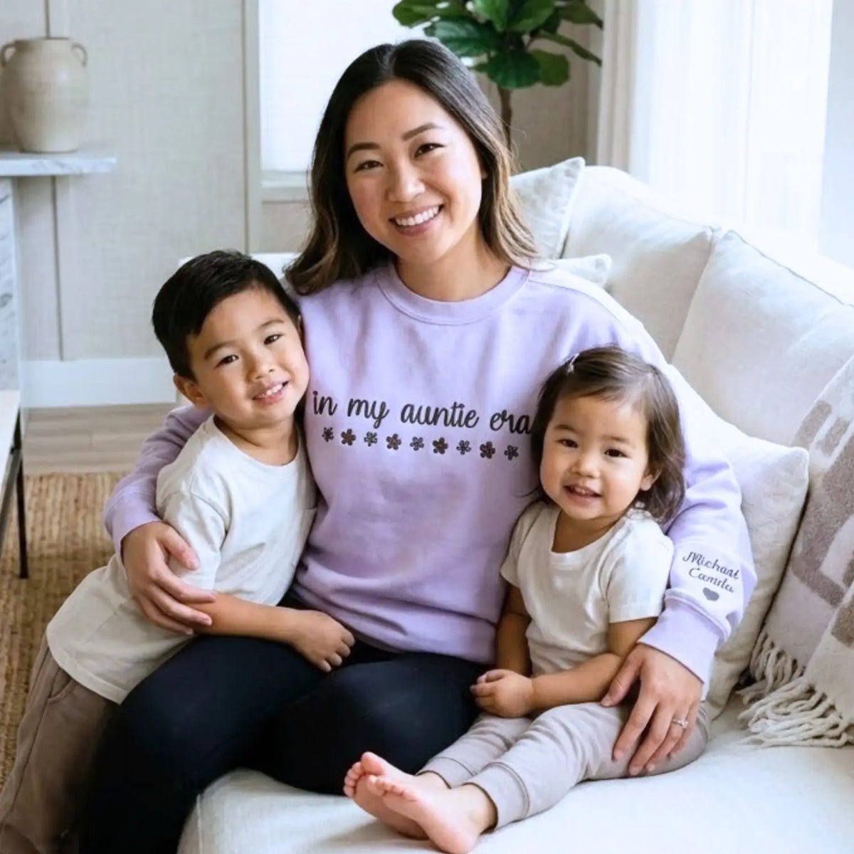 Custom embroidered In My Auntie Era sweatshirt with kids names stitched on sleeve personalized gift for new moms