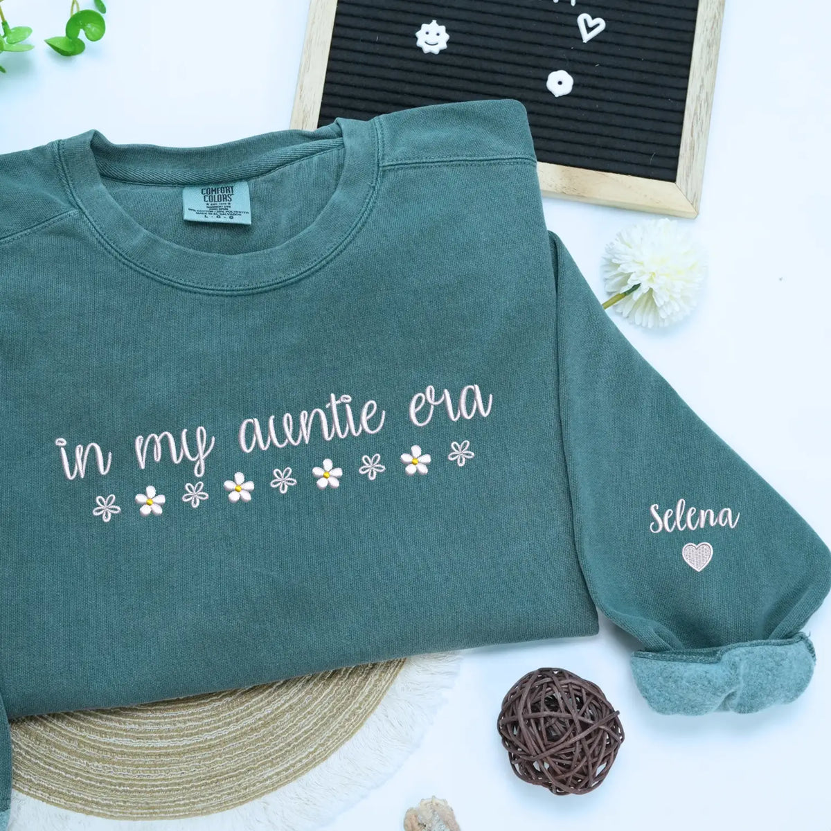Custom embroidered In My Auntie Era sweatshirt with kids names stitched on sleeve personalized gift for new moms