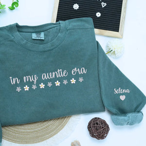 Custom embroidered In My Auntie Era sweatshirt with kids names stitched on sleeve personalized gift for new moms