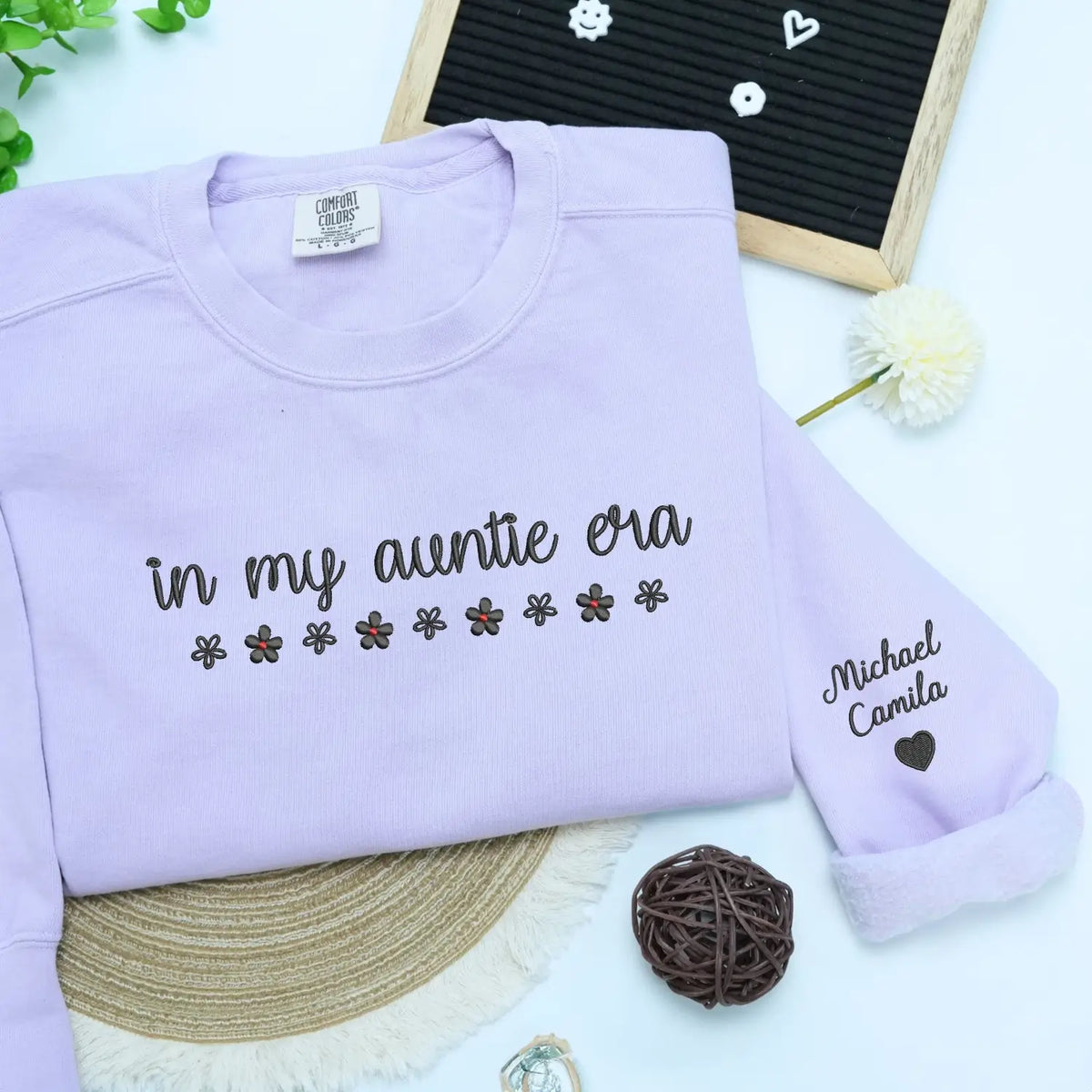 Custom embroidered In My Auntie Era sweatshirt with kids names stitched on sleeve personalized gift for new moms