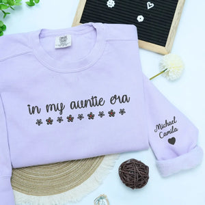 Custom embroidered In My Auntie Era sweatshirt with kids names stitched on sleeve personalized gift for new moms