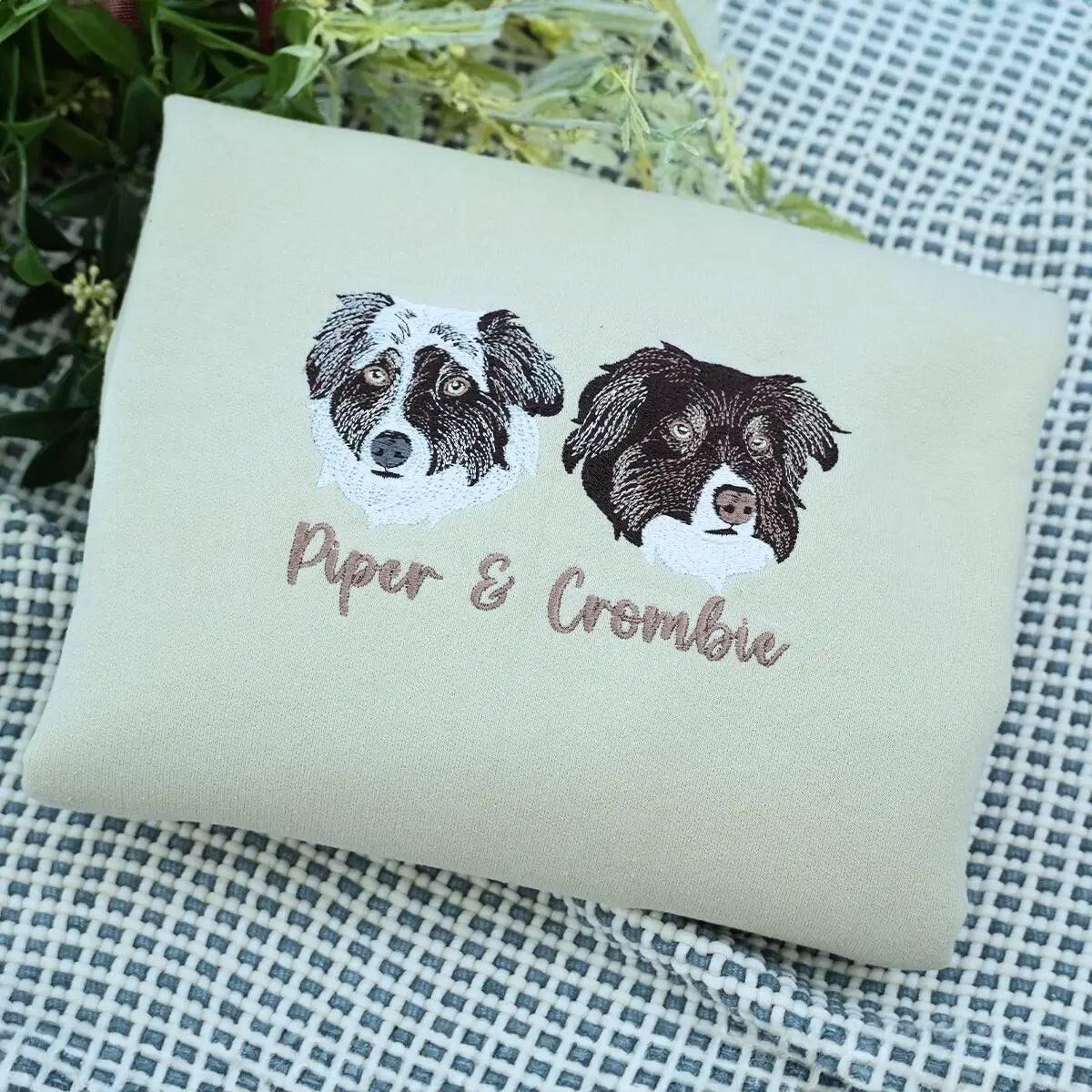 Custom embroidered shirt with Australian Shepherd portrait and name on sleeve