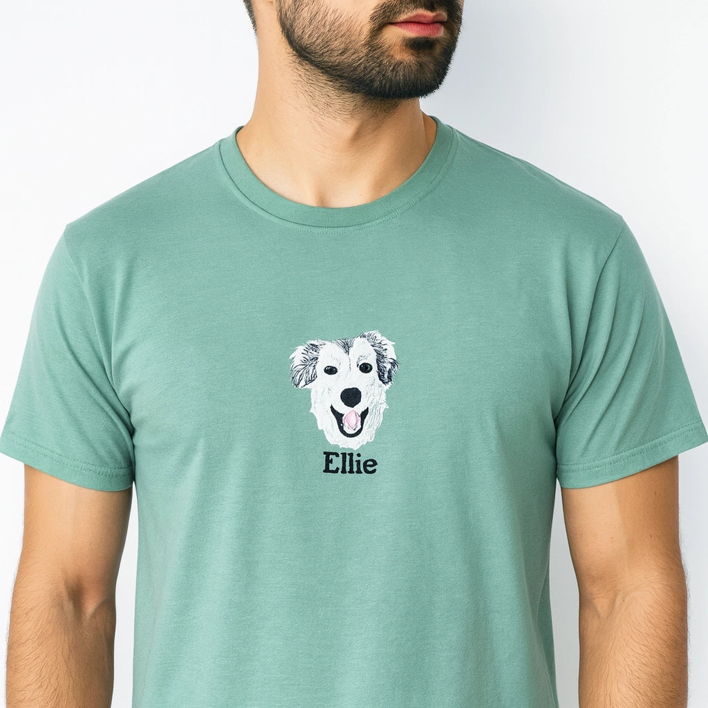 Custom embroidered shirt with Australian Shepherd portrait and name on sleeve