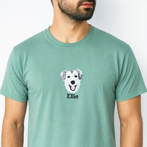 Custom embroidered shirt with Australian Shepherd portrait and name on sleeve