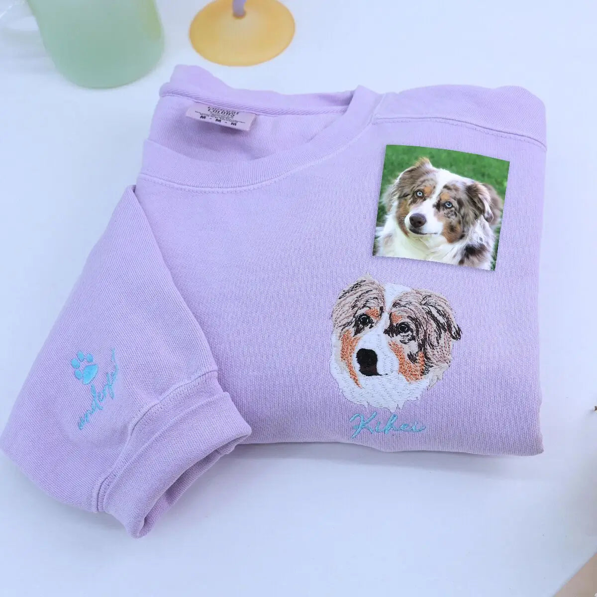 Custom embroidered shirt with Australian Shepherd portrait and name on sleeve