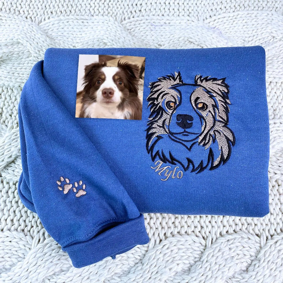 Custom embroidered shirt with Australian Shepherd portrait and name on sleeve