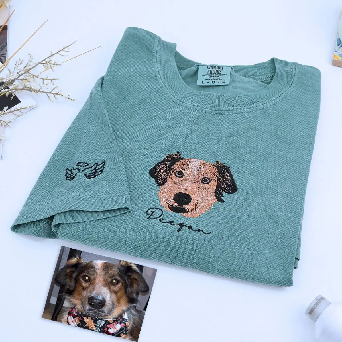 Custom embroidered Australian Shepherd shirt with pet portrait and name on sleeve