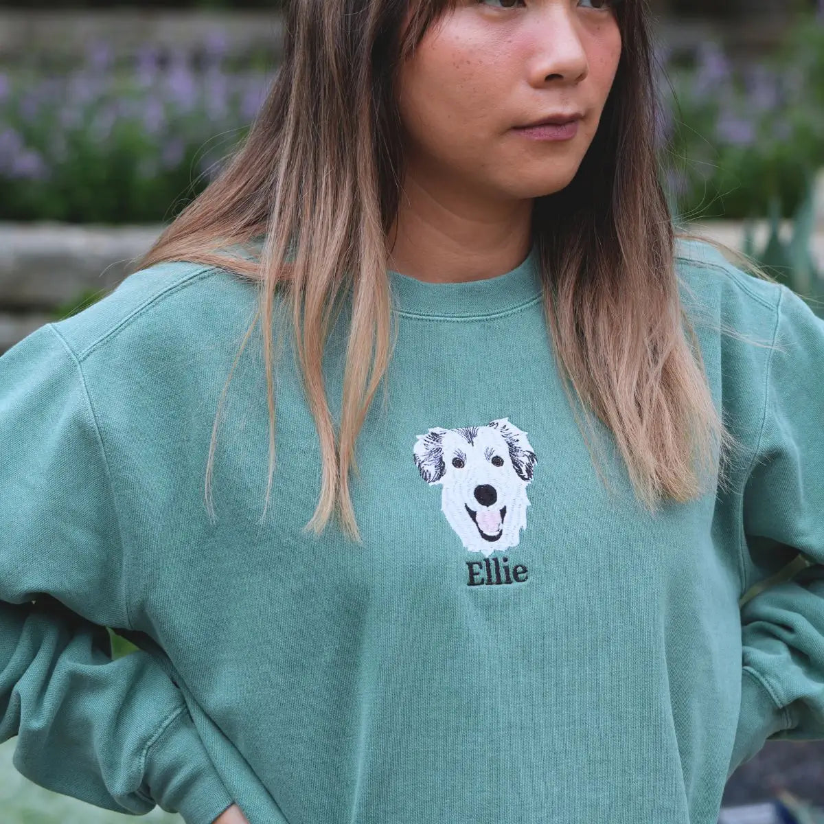 Custom embroidered Australian Shepherd sweatshirt with pet portrait and name on sleeve