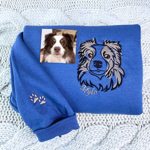 Custom embroidered Australian Shepherd sweatshirt with pet portrait and name on sleeve