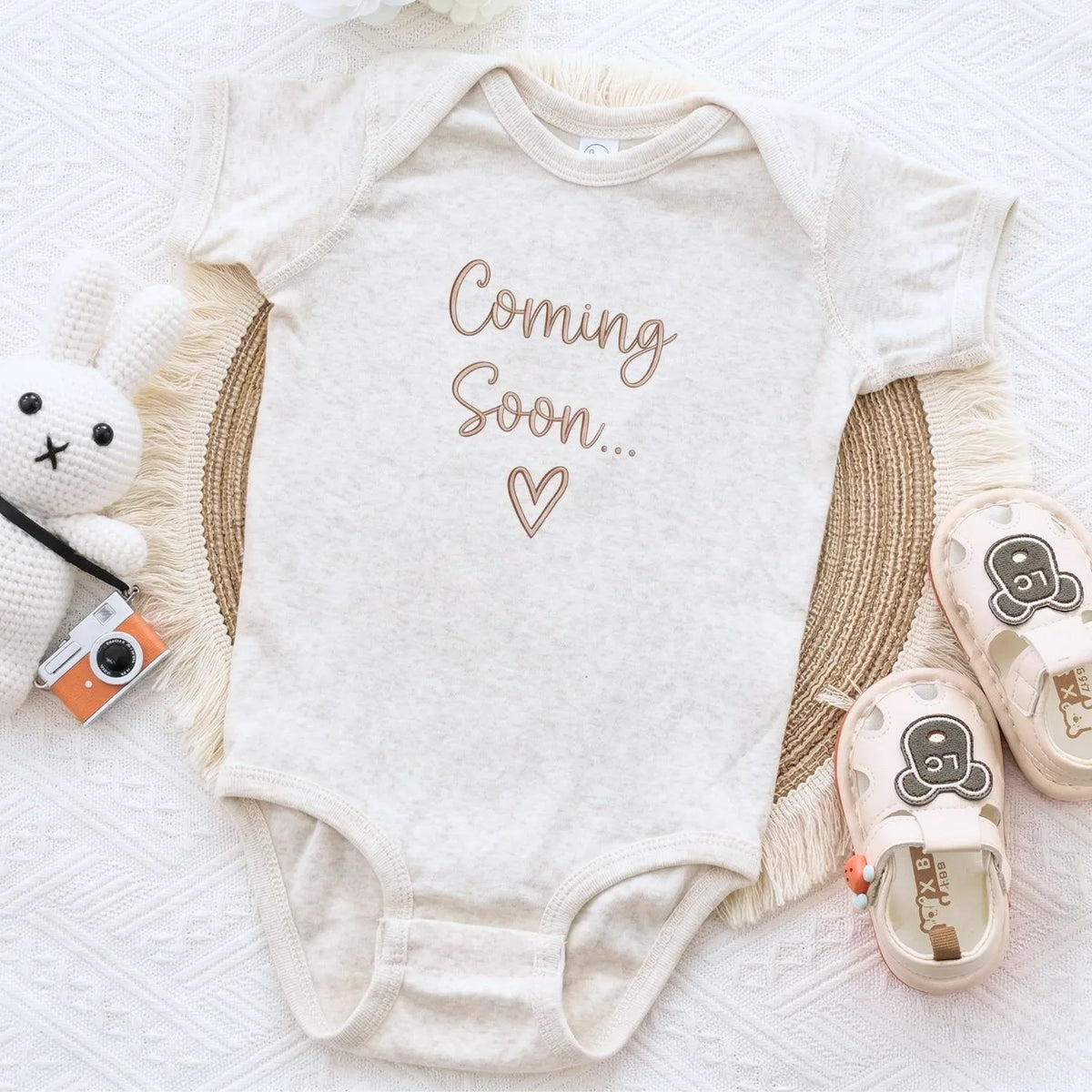Custom embroidered baby coming soon onesie 2026 personalized pregnancy announcement bodysuit for newborn photoshoot