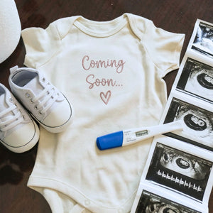 Custom embroidered baby coming soon onesie 2026 personalized pregnancy announcement bodysuit for newborn photoshoot