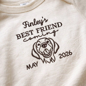 Personalized baby onesie featuring a dog portrait from photo – ideal gift for mom-to-be or hospital arrival