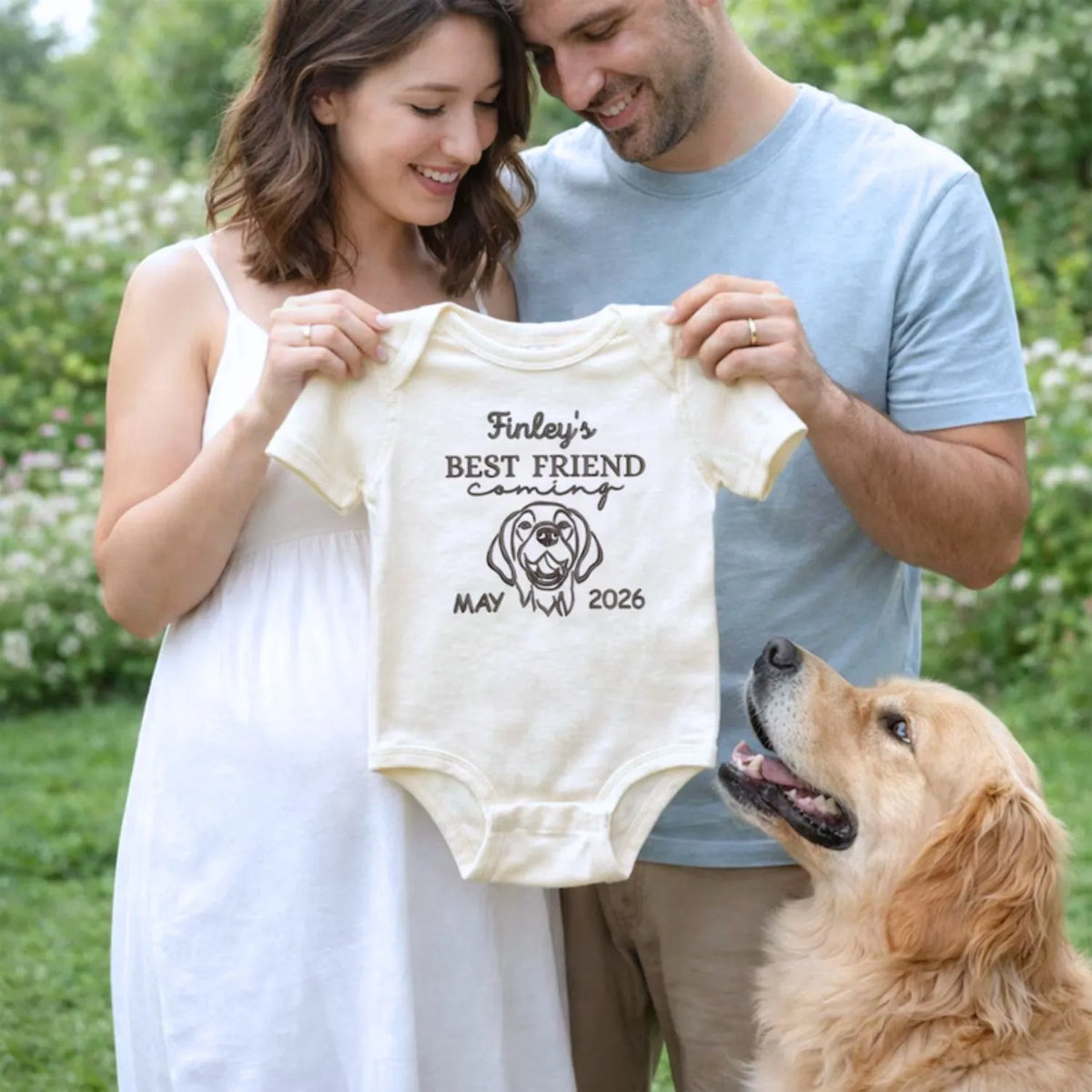 Personalized baby onesie featuring a dog portrait from photo – ideal gift for mom-to-be or hospital arrival