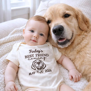 Personalized baby onesie featuring a dog portrait from photo – ideal gift for mom-to-be or hospital arrival