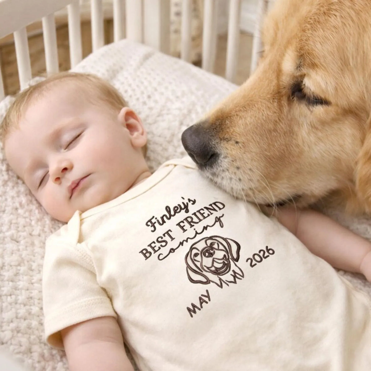 Personalized baby onesie featuring a dog portrait from photo – ideal gift for mom-to-be or hospital arrival