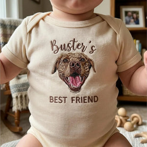 Custom Embroidered Baby Bodysuit Onesie With Pet Photo, Name - Personalized Newborn Gift