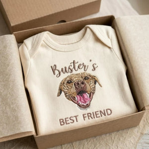 Custom Embroidered Baby Bodysuit Onesie With Pet Photo, Name - Personalized Newborn Gift