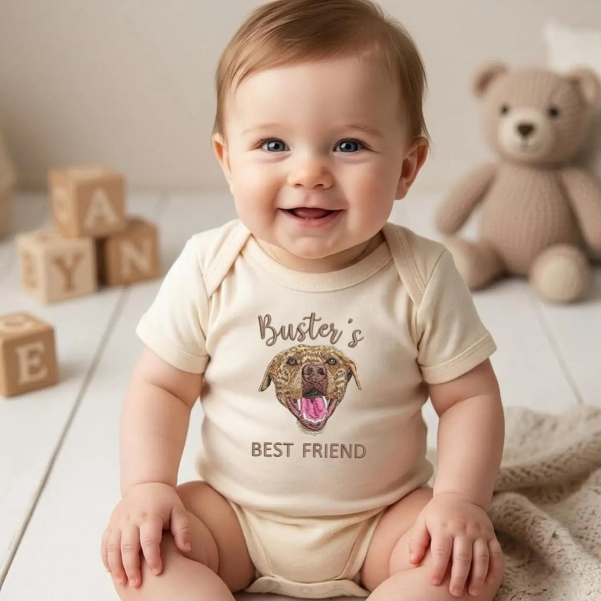 Custom Embroidered Baby Bodysuit Onesie With Pet Photo, Name - Personalized Newborn Gift