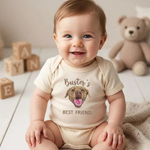 Custom Embroidered Baby Bodysuit Onesie With Pet Photo, Name - Personalized Newborn Gift