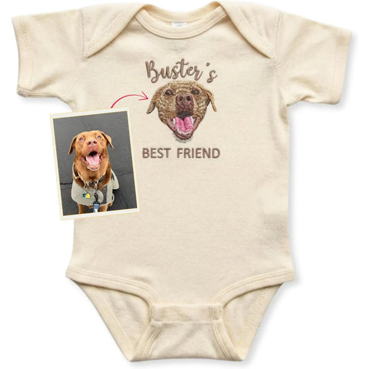 Custom Embroidered Baby Bodysuit Onesie With Pet Photo, Name - Personalized Newborn Gift