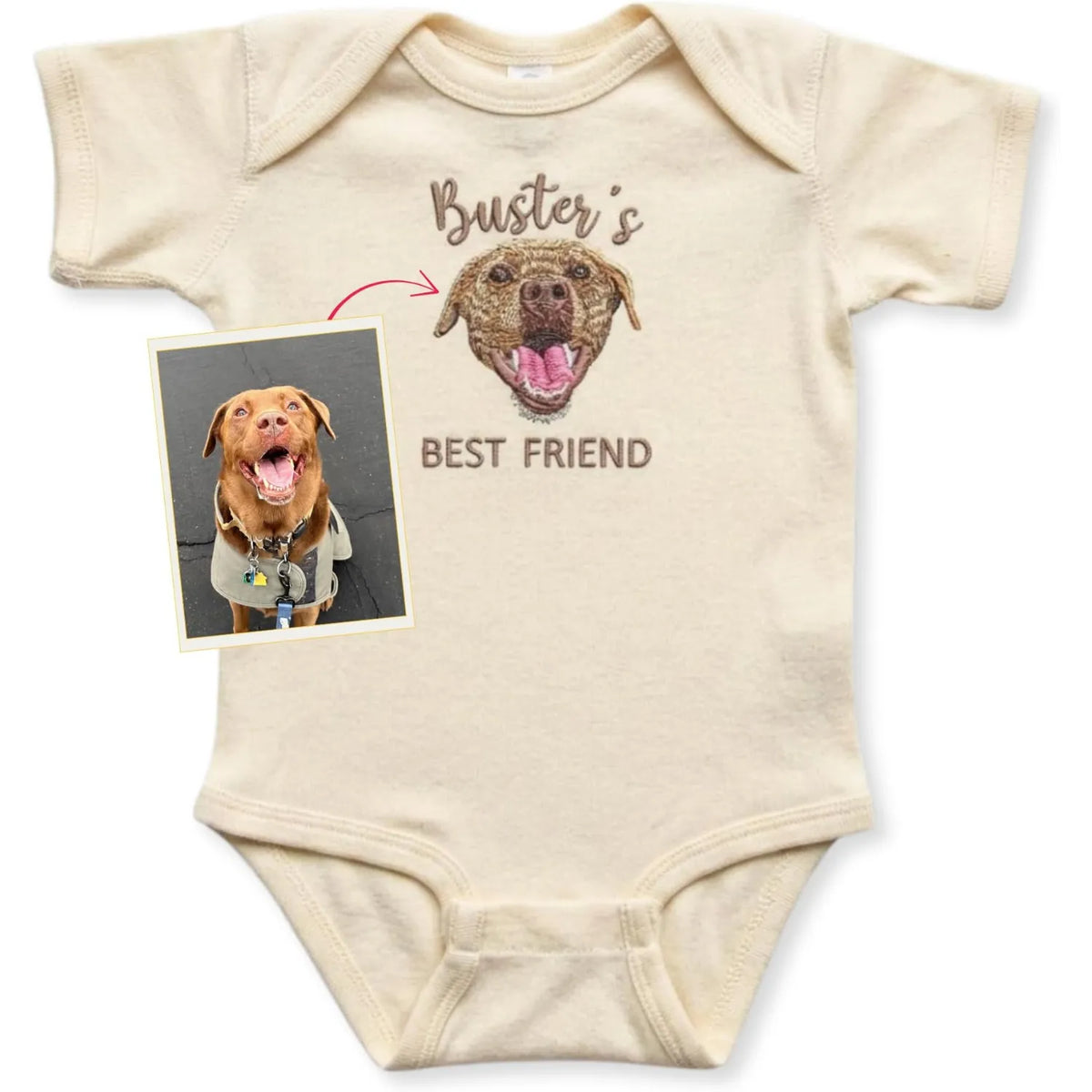 Custom Embroidered Baby Bodysuit Onesie With Pet Photo, Name - Personalized Newborn Gift
