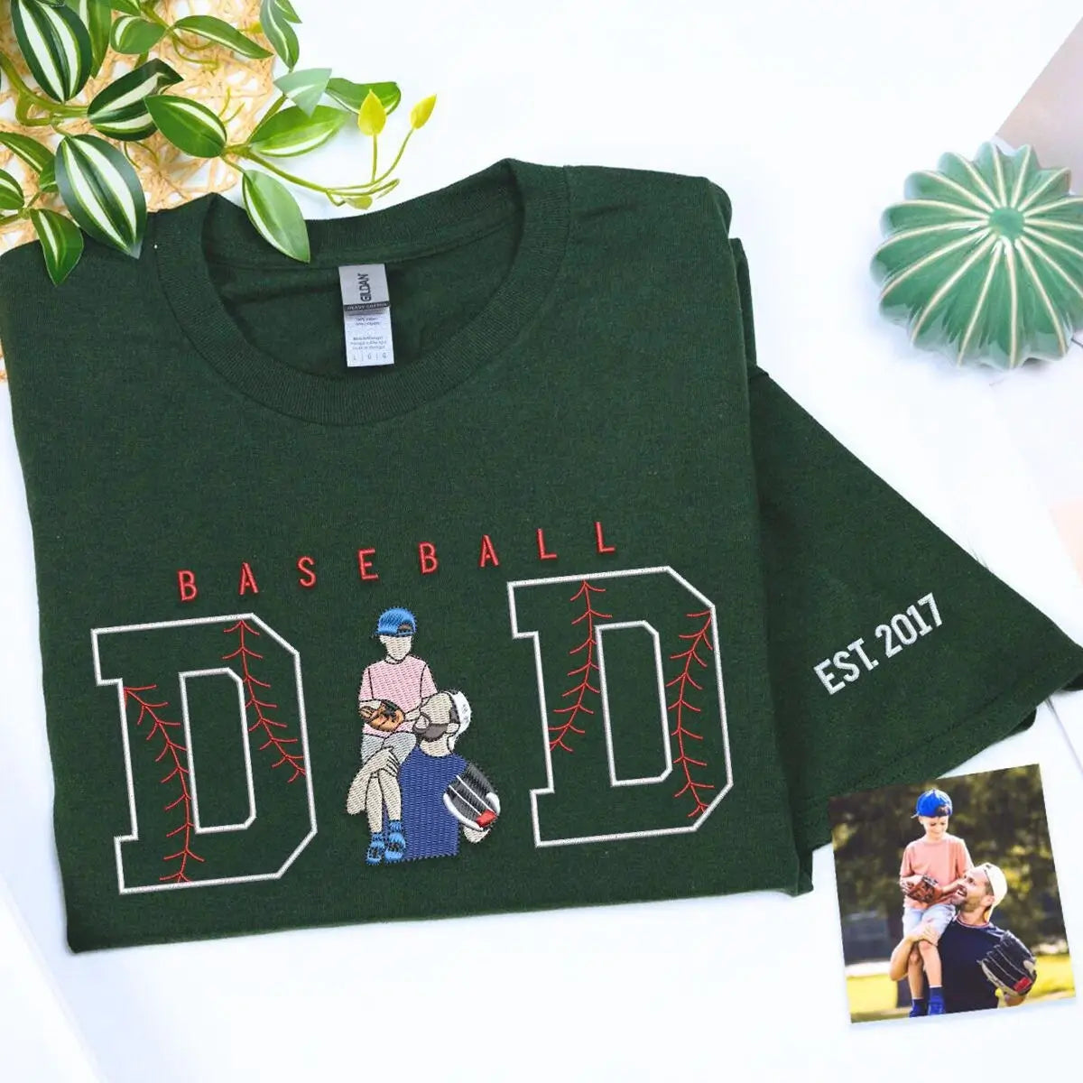 Custom embroidered baseball dad shirt with photo portrait and name on sleeve